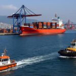 Shipping agency representative handling vessel documentation with customs and port regulatory network