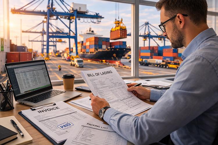 Shipping agent managing vessel invoice, bill of lading, and port disbursement documentation with port in background