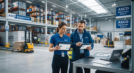 Clearing and forwarding agents managing warehouse inventory with digital tablets.