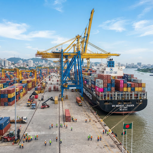 Container ship MV Bengal Leader being unloaded by gantry cranes at Chattogram Port, Bangladesh – ASCO Shipping Lines port agency operations.