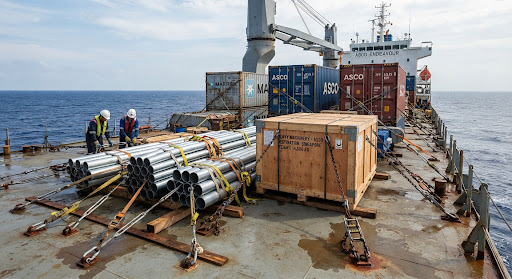 ASCO Shipping Lines handling breakbulk cargo, steel products, and containerized freight on vessel deck in Bangladesh.